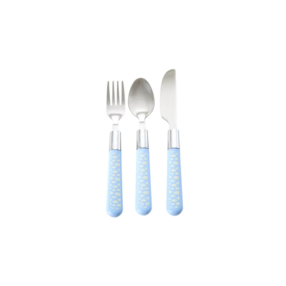 Kids Cutlery Set Knife, Fork & Spoon Blue Cloud Print by Rice DK